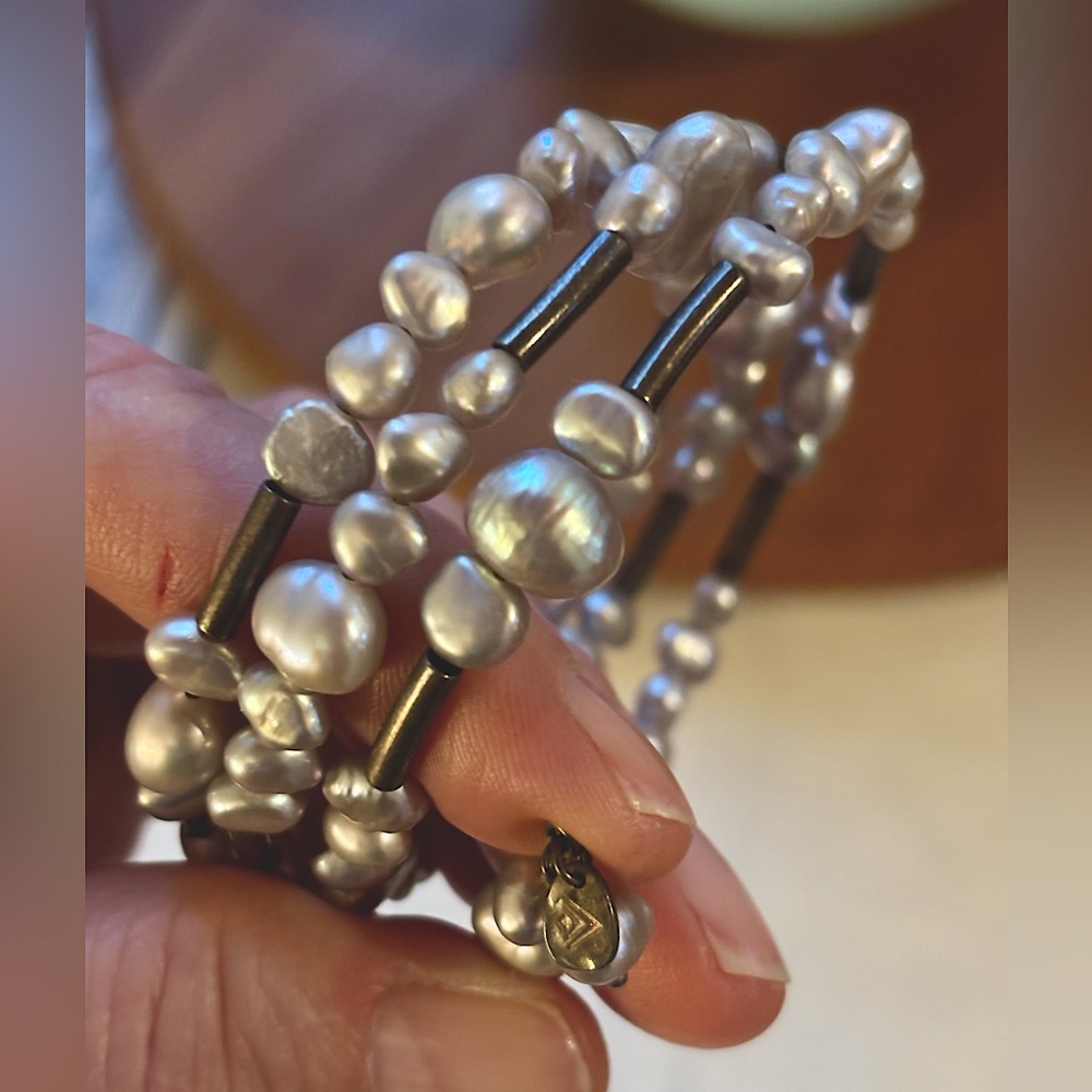 Silpada Pearl and Sterling beads vintage flexible wrap Bracelet